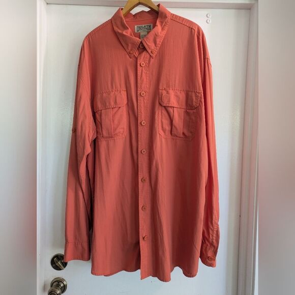 Duluth Trading Coolplus Long Sleeve Vented Fishing Shirt Orange UPF-2XLT - Picture 1 of 6